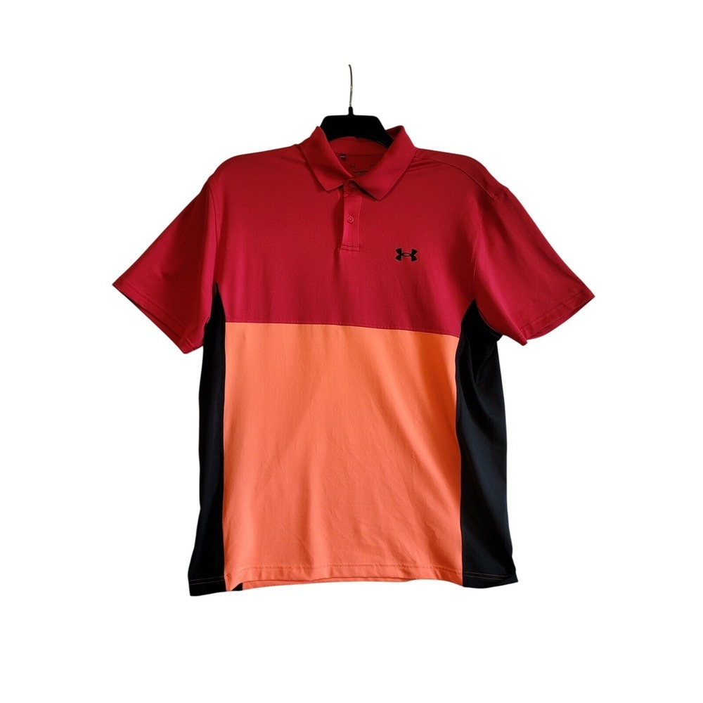 Under Armour Mens Performance Polo Shirt Large Red Orange Colorblock Golf Loose